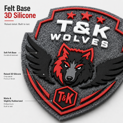 Silikonowa naszywka 3D na filcowym podkładzie, personalizowane wypukłe logo do przyszycia, trwała naszywka drużynowa na zamówienie, bezpośrednio z fabryki OEM